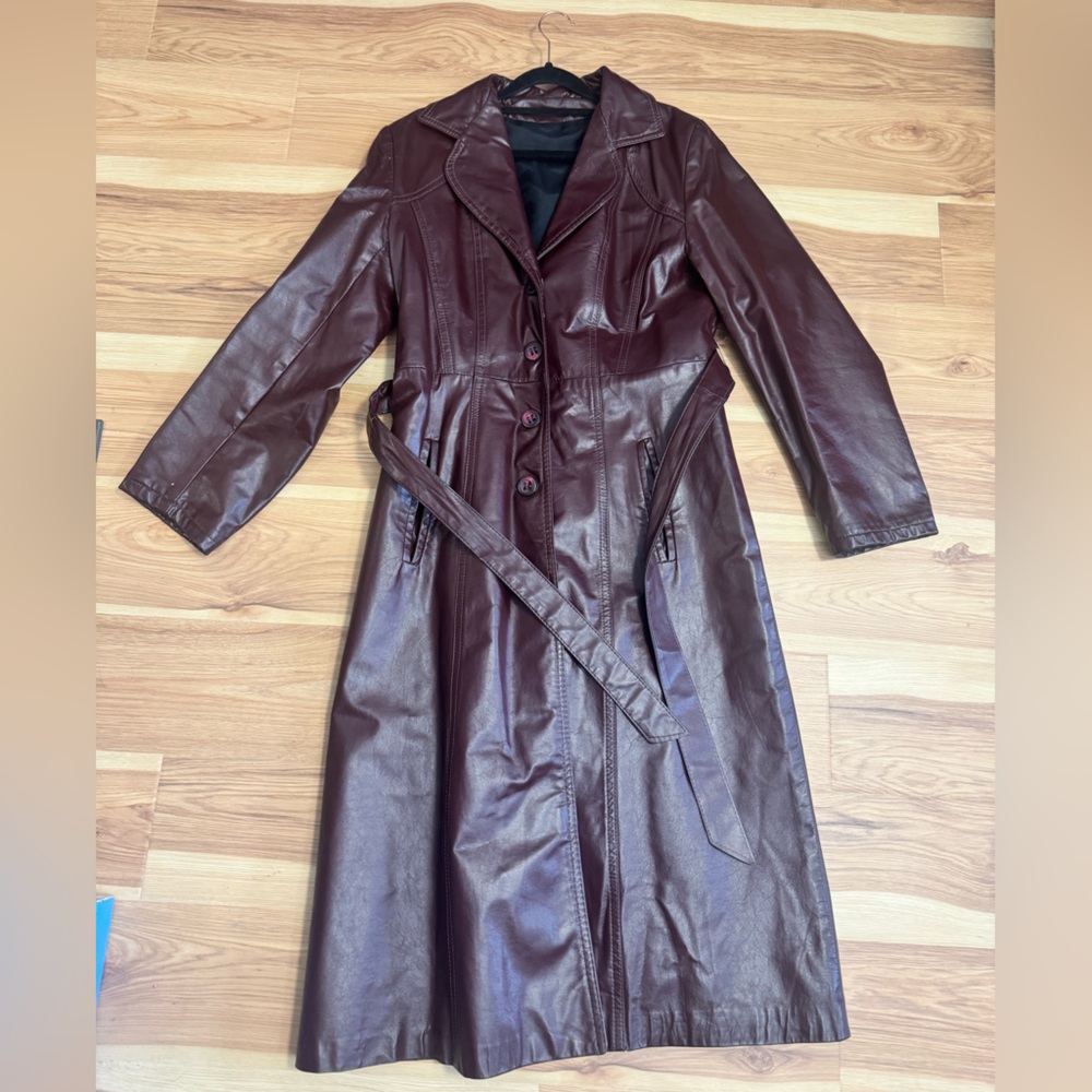 Vintage Cherry Red Leather Trench Coat